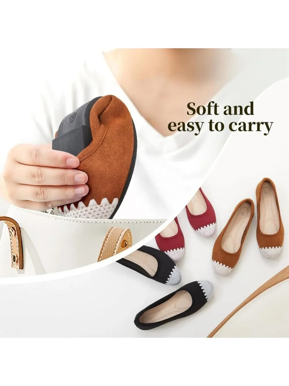 Women's Brown Scalloped PU Leather Comfortable Ballet Flats Slip on Casual Shoes